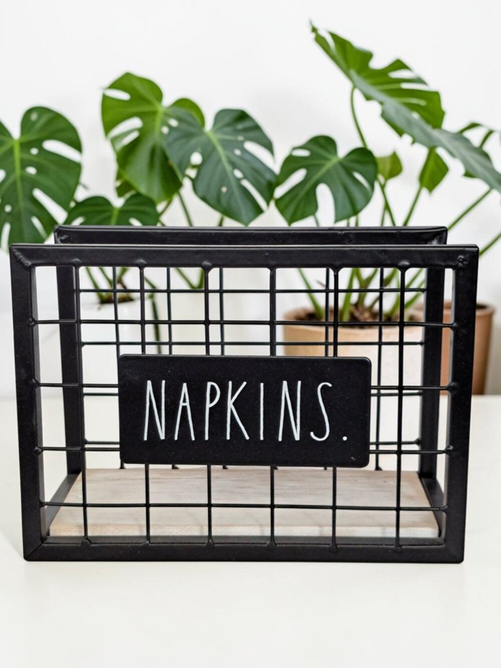 Rae Dunn NAPKINS Black Metal Wire & Wood Napkin Holder, Freestanding